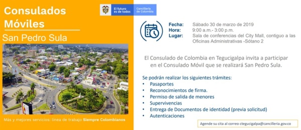 Consulado de Colombia en Tegucigalpa realizará la jornada de Consulado Móvil en San Pedro Sula el 30 de marzo de 2019