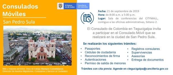Consulado de Colombia en Tegucigalpa realizará jornada móvil en San Pedro Sula el 21 de septiembre de 2019