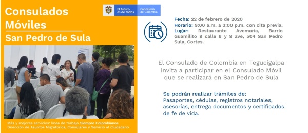 Consulado de Colombia en Tegucigalpa realizará un Consulado Móvil en San Pedro de Sula, el 22 de febrero de 2020