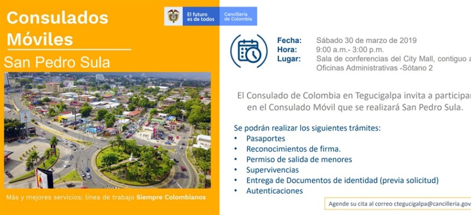 Consulado de Colombia en Tegucigalpa realizará la jornada de Consulado Móvil en San Pedro Sula el 30 de marzo de 2019