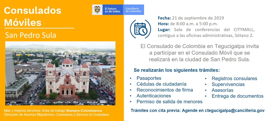 Consulado de Colombia en Tegucigalpa realizará jornada móvil en San Pedro Sula el 21 de septiembre de 2019