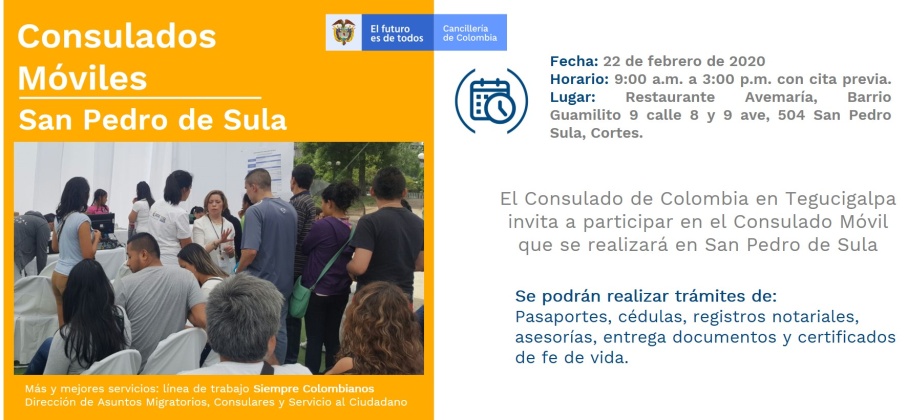 Consulado de Colombia en Tegucigalpa realizará un Consulado Móvil en San Pedro de Sula, el 22 de febrero de 2020